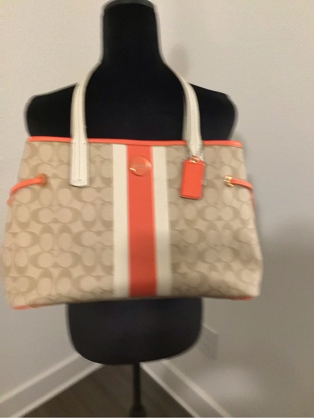Coach Beige and Orange Stripe Canvas Tote with White Accents - Picture 6 of 6